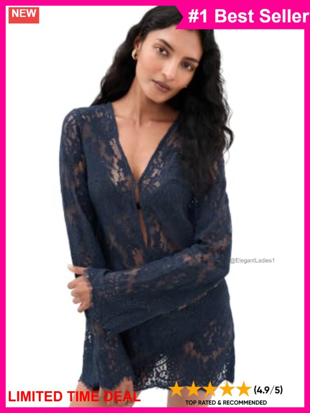 Lace Floral Coverup Dress Long Sleeve V-Neck Pull On Boho Beach